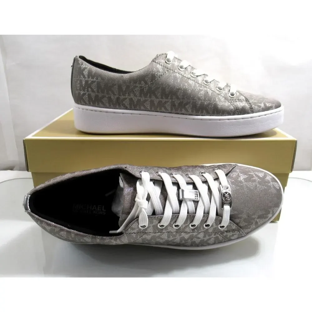 Michael Kors Keaton Lace Up Designer Sneakers MK Logo Silver Size 7.5
